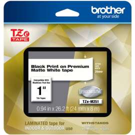 Brother TZe Premium TZeM251 Label Tape, Brother P-touch TZe-M251 Black Print on Premium Matte White Laminated Tape 24mm (0.94") wide x 8m (26.2') long