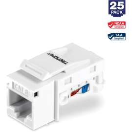 TRENDnet Cat6 Keystone Jack, 25-Pack Bundle, 90 Angle Termination, Compatible With Cat5, Cat5e, Cat6 Cabling, Color-Coded Labeling, Gold-Plated Contacts, Tool-less Design, White, TC-K25C6, 25 Pack Cat6 RJ-45 Keystone Jack