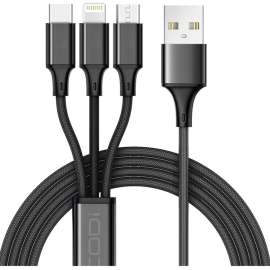 CODi 4' 3-in-1 USB Fast Multi Charging Cable, 4 ft Lightning/Micro-USB/USB Data Transfer Cable for Tablet, Mobile Phone, Wireless Headphone, Camera, First End: USB Type C, Micro USB, Lightning, Second End: USB