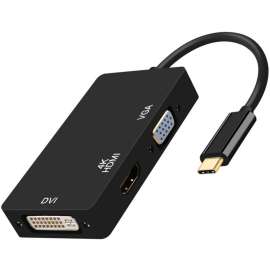 4XEM 3 in 1 USB Type C Hub To HDMI DVI VGA Adapter, 1 Pack, 1 x 24-pin Type C USB Male, 1 x 19-pin HDMI Digital Audio/Video Female, 1 x 29-pin DVI-I Digital Video Female, 1 x 15-pin HD-15 VGA Female, 3840 x 2160 Supported
