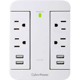 CyberPower P4WSU Home Office 4, Outlet Surge with 900 J, NEMA 5-15P, Wall Tap, 4, 4.2 Amps (Shared) USB, EMI/RFI Filtration, White, Lifetime Warranty