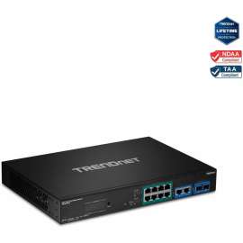 TRENDnet 12-Port Gigabit PoE+ Smart Surveillance Switch with 8 x Gigabit PoE+ Ports; TPE-3012LS; 2 x Gigabit Ports; 2 x SFP Slots; 110W PoE Budget; Long Range PoE+; VLAN; QoS; LACP; ONVIF - 12-Port Gigabit PoE+ Smart Surveillance Switch