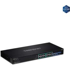 Trendnet Roll over image to zoom in TRENDnet 18-Port Gigabit PoE+ Smart Surveillance Switch with 16 x Gigabit PoE+ Ports; TPE-3018LS; 2 x Shared Gigabit Ports (RJ-45 or SFP); 220W PoE Budget; Long Range PoE+; VLAN; QoS; LACP; ONVIF, 18-Port Gigabit PoE+ S