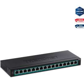 TRENDnet 16-Port Gigabit PoE+ Switch; TPE-TG160H; 123W PoE Power Budget; 32 Gbps Switching Capacity; Desktop Switch; Ethernet Network Switch; Metal; 1U 10" Rack Mountable; Lifetime Protection, 16-Port Gigabit PoE+ Switch