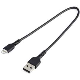 StarTech.com 12inch/30cm Durable Black USB-A to Lightning Cable, Rugged Heavy Duty Charging/Sync Cable for Apple iPhone/iPad MFi Certified, Aramid fiber shelters heavy duty lightning cable from stress of bends/twists, Black durable strong rugged USB-A to 