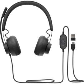 Logitech Zone 750 Wired On-Ear Headset with advanced noise-canceling microphone, simple USB-C and included USB-A adapter, plug-and-play compatibility for all devices, Stereo, USB Type C, Wired, 32 Ohm