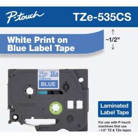 Brother TZe-535CS, 0.47" x 26.2', White on Blue Laminated Label Tape, White on Blue, 1 Each