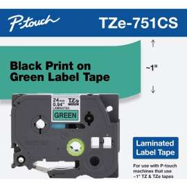 Brother TZe-751CS, 0.94" x 26.2', Black on Green Laminated Label Tape, Black on Green, 1 Each