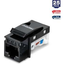 TRENDnet Cat6 Keystone Jack, 25-Pack Bundle, 90 Angle Termination, Compatible with Cat5, Cat5e, & Cat6 Cabling, Color-Coded Labeling for T568B Wiring, Gold-Plated Contacts, Black, TC-K25C6BK - 25 Pack - 1 x RJ-45 Female - Black