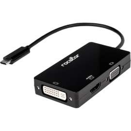 Rocstor Premium USB-C Multiport Video Adapter 3-in-1 - 1 x USB Type C Male - 1 x HDMI Digital Video Female, 1 x DVI Digital Video Female, 1 x 15-Pin HD-15 VGA Female - 3840 x 2160 Supported - Gray Aluminum