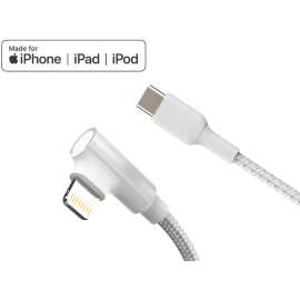 4XEM USB-C to Lightning Right Angled 6 FT Charging Cable (White), 6 ft Lightning/USB-C Data Transfer Cable for Mobile Device, First End: 1 x 8-pin Lightning, Male, Second End: 1 x USB 2.0 Type C