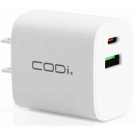 CODi Dual Port 20W Wall Charger/AC Adapter (USB-C, USB-A Outputs), 20W -USB Type-C, USB Type-A