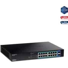 TRENDnet 18-Port Gigabit PoE+ Switch, 16 x 30W PoE+ Ports, 2 Gigabit SFP Slots, 240W PoE Budget, 36Gbps Switching Capacity, 1U 19" Rack Mountable, Lifetime Protection, Black, TPE-TG182, 18 Ports, Gigabit Ethernet, 1000Base-T, 1000Base-X, 2 Layer Supported