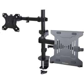 StarTech.com Monitor Arm with VESA Laptop Tray, For a Laptop & Single Display up to 32" , Adjustable Desk Laptop Arm Mount, C-clamp/Grommet, This black monitor and laptop mount for desk allows fixing a laptop on the VESA laptop tray and up to a 32in displ