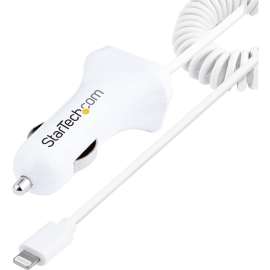 Lightning Car Charger with Coiled Cable, 1m Built-in Cable, 12W, White, 2 Port USB Car Charger Adapter, In Car iPhone Charger - Dual Device car charger charges two mobile devices up to 2.1A simultaneously; Built-in coiled Lightning cabl