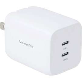 VisionTek 65W GaN II Power Adapter, 2 Port, 65 W, 120 V AC, 230 V AC Input, 5 V DC/3.25 A, 9 V DC, 12 V DC, 15 V DC, 20 V DC, 3.3 V DC, 21 V DC, 16 V DC, 5.9 V DC, 11 V DC Output