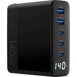4XEM 140W Wall Charger Quintuple Output with Display, Black, 1 Pack, 140 W, 120 V AC, 230 V AC Input