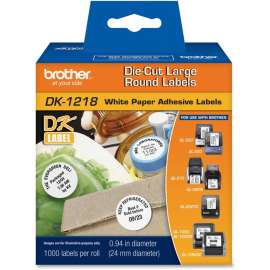 Brother DK1218, White Round Paper Adhesive Labels, 1" Length, 1000 / Roll, Direct Thermal