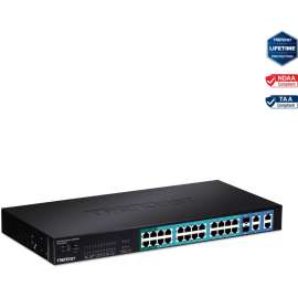 TRENDnet 28-Port 10/100Mbps Web Smart PoE+ Switch, 20 x PoE Ports, 4 x PoE+ Ports, 2 x Gigabit Ports, 2 x Shared Gigabit Ports (RJ-45 or SFP), Rack Mountable, Lifetime Protection, Black, TPE-224WS, TRENDnet 24-port 10/100Mbps Web Smart PoE Switch