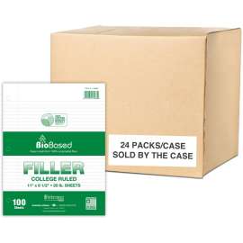 Roaring Spring BioBased College Ruled Recycled Loose Leaf Filler Paper, USDA Certified, 1 Case (48 Packs), 11" x 8.5" 100 Sheets, White Paper, 200 Pages