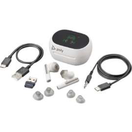 Poly Voyager Free 60+ UC Earset - Stereo, Mono - USB Type A - True Wireless - Bluetooth - 98.4 ft - 20 Hz - 20 kHz - Earbud - Binaural - In-ear - Noise Canceling - White Sand