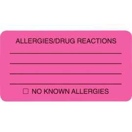Allergy Warning Labels, ALLERGIES/DRUG REACTIONS NO KNOWN ALLERGIES, 1.75 x 3.25, Pink, 250/Roll