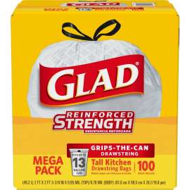 CloroxPro Glad ForceFlex Tall Kitchen Drawstring Trash Bags, White, 100/Box