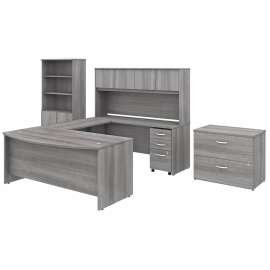 Bush Studio C 72W x 36D U Shaped Desk with Hutch, Bookcase and File Cabinets, Platinum Gray/Platinum Gray