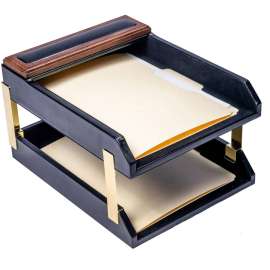 Dacasso Walnut & Leather Double Letter Trays, Black