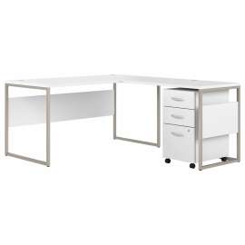 Bush Hybrid 60W x 30D L Shaped Table Desk with Mobile File Cabinet, White/White
