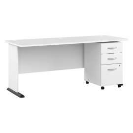 Bush Studio A 72W Computer Desk with 3 Drawer Mobile File Cabinet, White/White