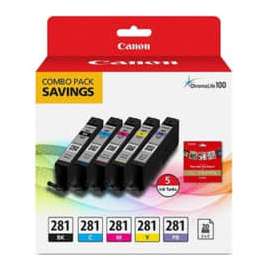 Canon CLI-281 Inkjet Ink Cartridge/Paper Kit, Combo Pack, Black, Cyan, Magenta, Yellow Pack, Inkjet