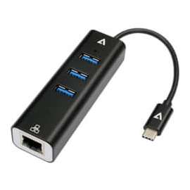 V7 Gigabit Ethernet Adapter USB-C Male to USB A Female x 3, RJ45 Black, USB 3.2 (Gen 1) Type C, External, 3 USB Port(s), 1 Network (RJ-45) Port(s)