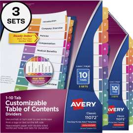 Avery® Customizable Table of Contents Dividers, Ready Index(R) Printable Section Titles, Preprinted 1-10 Multicolor Tabs, 3 Sets (11072)