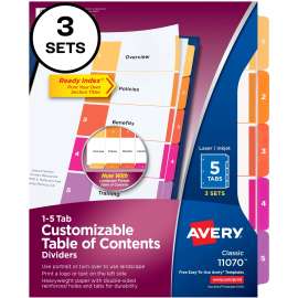 Avery® Customizable Table of Contents Dividers, Ready Index(R) Printable Section Titles, Preprinted 1-5 Multicolor Tabs, 3 Sets (11070)