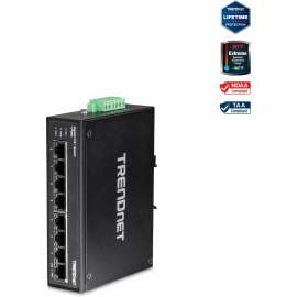 TRENDnet 8-Port Hardened Industrial Unmanaged Gigabit PoE+ DIN-Rail Switch, 200W Full PoE+ Power Budget, 16 Gbps Switching Capacity, IP30 Rated Network Switch, Lifetime Protection, Black, TI-PG80, 8-port hardened Industrial Gigabit PoE+ Switch