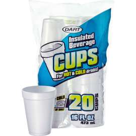 Large Foam Drink Cup, 16 oz, Hot/Cold, White, 20/Bag, 12 Bag/Carton