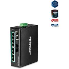 TRENDnet 10-Port Industrial Gigabit PoE+ DIN-Rail Switch, 8 x Gigabit PoE+ Ports, DIN-Rail Mount, 2 x SFP Slots, 240W PoE Power Budget, Network Switch, IP30, QoS, Lifetime Protection, Black, TI-PG102, 10-Port Industrial Gigabit PoE+ DIN-Rail Switch