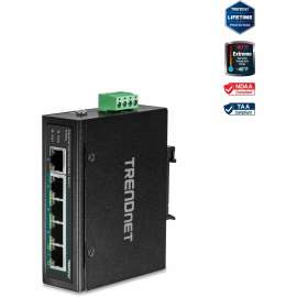 TRENDnet 5-Port Industrial Fast Ethernet DIN-Rail Switch, 4 x Fast Ethernet PoE+ Ports, 1 x Fast Ethernet Port, 90W PoE Power Budget, DIN-Rail, IP30 Rated, Lifetime Protection, Black, TI-PE50 - 5-Port Industrial Fast Ethernet PoE+ DIN-Rail Switch