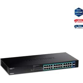 TRENDnet 26-Port Gigabit PoE+ Switch, 24 x 30W PoE+ Ports, 2 Gigabit SFP Slots, 380W PoE Budget, 52Gbps Switching Capacity, 1U 19" Rack Mountable, Lifetime Protection, Black, TPE-TG262, 26 Ports, Manageable, Gigabit Ethernet, 10/100/1000Base-T, 1000Base-X