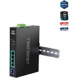 TRENDnet 5-Port Industrial Gigabit PoE+ Switch, Wide Temperature Range -20 - 65C (-4 - 149F), DIN-Rail Switch, 50-55V DC, 4 x Gigabit PoE+ Ports, 1 x Gigabit SFP Slot, TI-PGM541, Black - 5 Ports - Gigabit Ethernet - 1000Base-FX, 1000Base-T - 2 L