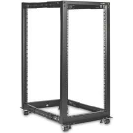Rocstor SolidRack 25U Adjustable Depth Open Frame 4 Post Rack w/ Casters, Adjustable mounting depth of 23.5in-41in & 25.1 in Height, Includes Casters, Assembly Required, 1200 lb Static/Stationary Weight Capacity