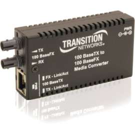 Transition Networks Mini Fast Ethernet Media Converter, 1 x Network (RJ-45), 1 x ST Ports, 10/100Base-TX, 100Base-FX, 1.24 Mile