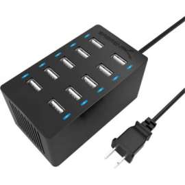 Sabrent 60 Watt (12 Amp) 10-Port Desktop USB Rapid Charger, 60 W, 120 V AC, 230 V AC Input, 5 V DC/12 A Output
