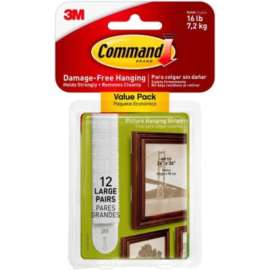3M Command Large Picture Hanging Strips 17206-12ES, 4 lb (1.81 kg) Capacity, for Pictures, Foam, White