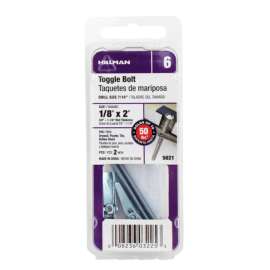Hillman 1/8 in. D X 2 in. L Round Steel Toggle Bolt 2 pk