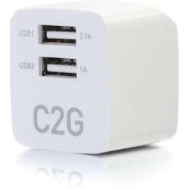 C2G 2-Port USB Wall Charger, AC to USB Adapter, 5V 2.1A Output, 120 V AC, 230 V AC Input, 5 V DC/2.10 A Output