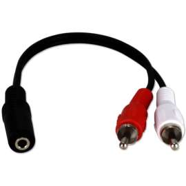 QVS 3.5mm Mini-Stereo Female to Two RCA Male Speaker Adaptor - 8" Mini-phone/RCA Audio Cable for Audio Device, Speaker - First End: 1 x Mini-phone Stereo Audio - Female - Second End: 2 x RCA Stereo Audio - Male - Splitter Cable - Black - 1