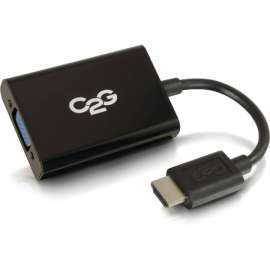C2G HDMI to VGA Adapter Converter Dongle with Stereo Audio M/F - Black - HDMI/VGA/Mini-phone for Audio/Video Device, Monitor, Notebook - 8" - 1 x HDMI Male Digital Audio/Video - 1 x HD-15 Female VGA, 1 x Mini-phone Female Stereo Audio - Shielding