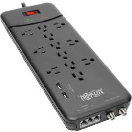 Tripp Lite Surge Protector Power Strip 12 Outlets, 2 USB Charging Ports Tel/Modem/Coax - 12 x NEMA 5-15R, 2 x USB - 1800 VA - 4320 J - 120 V AC Input - Phone/Fax/Modem/DSL, Coaxial Cable Line